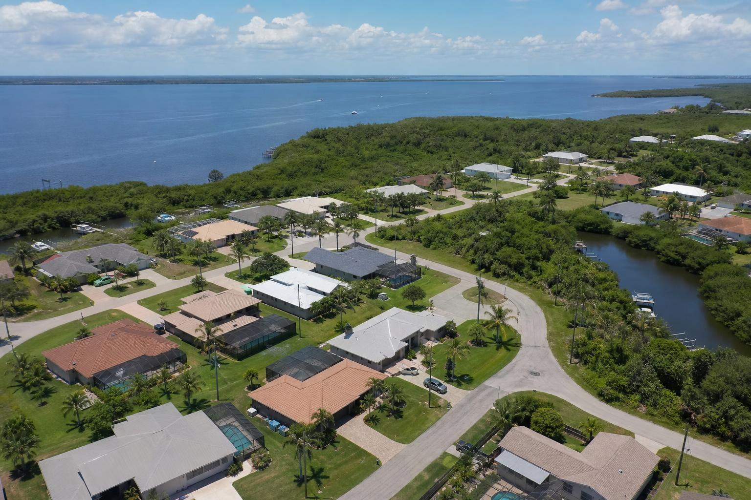 Sailboats and a wooden fishing pier on Charlotte Harbor in Port Charlotte, Florida, framed by palm trees — Anchor Line Insurance serves Charlotte County families.